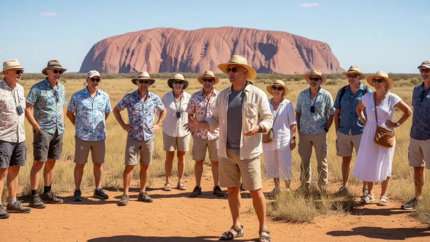 Christian Könitzer mit einer Reisegruppe vor einem grossen roten Felsmassiv in trockener Steppenlandschaft