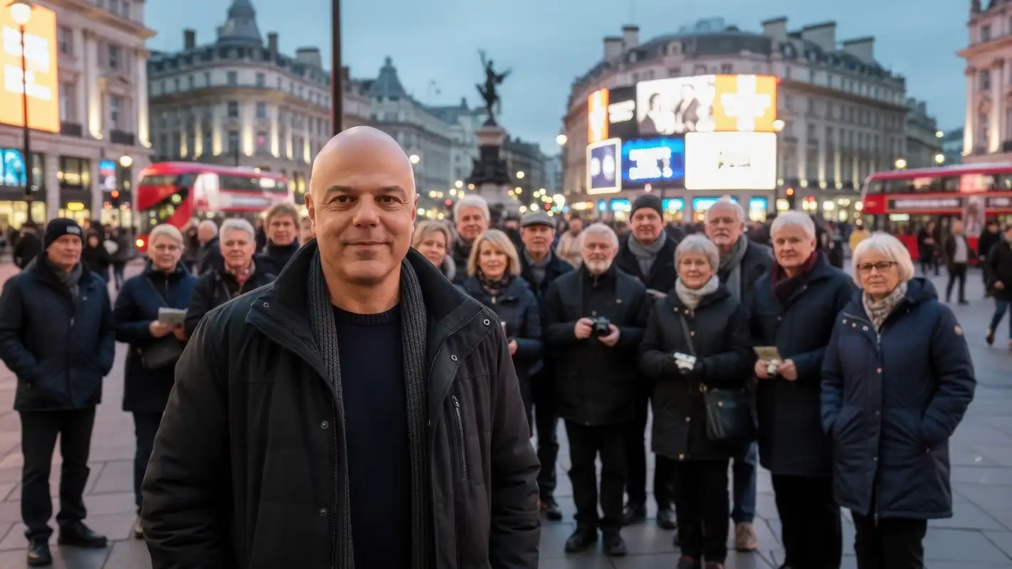 Christian Könitzer mit einer Reisegruppe abends auf einem Stadtplatz, dahinter rote Doppeldeckerbusse