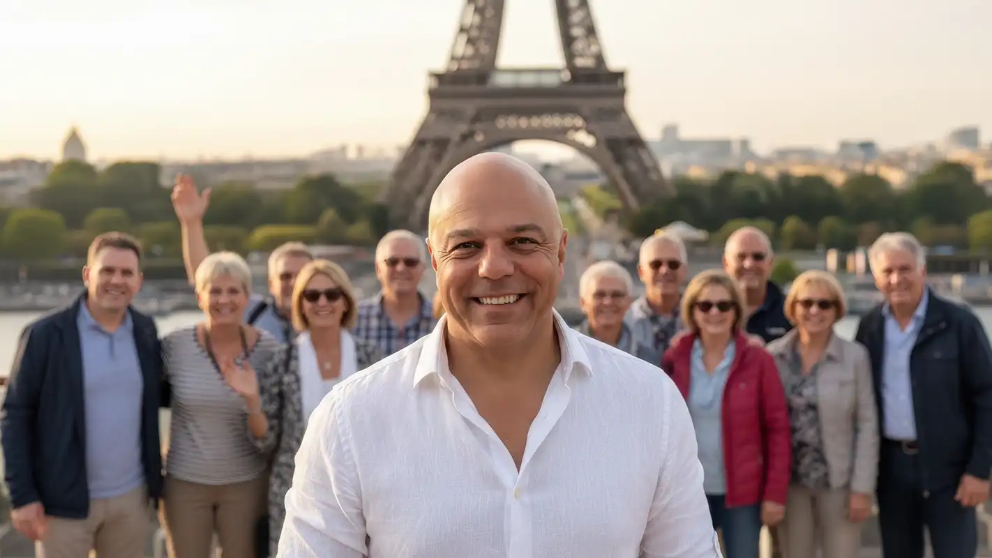 Christian Könitzer mit einer Reisegruppe vor dem Eiffelturm in Paris